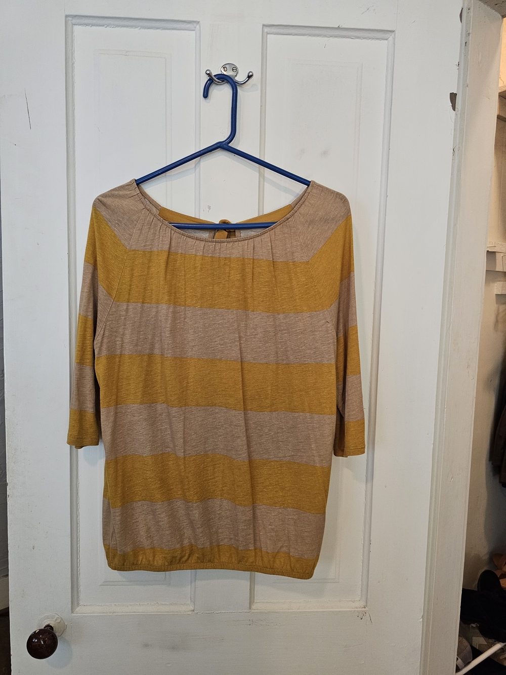 LOFT Mustard and Taupe Wide-Stripe Short Sleeve Top